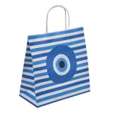 Pungă Cadou Kraft, Dungi Bleu, Model Ochi Albastru, Dimensiuni 26x12x25.5cm, Oem