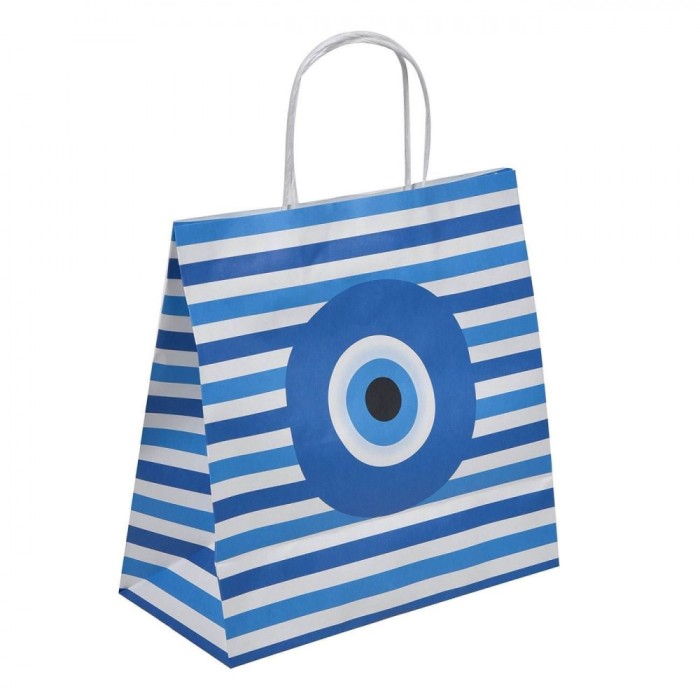 Pungă Cadou Kraft, Dungi Bleu, Model Ochi Albastru, Dimensiuni 26x12x25.5cm