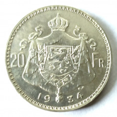 BELGIA 20 FRANCI 1934 ALINIAMENT MONEDA LITERE CU CAPUL IN JOS PE MUCHIE ARGINT