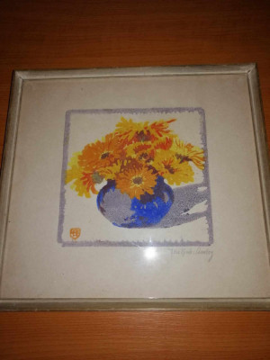 Tablou acuarela pe hartie vaza cu flori galbene semnat rama lemn foto