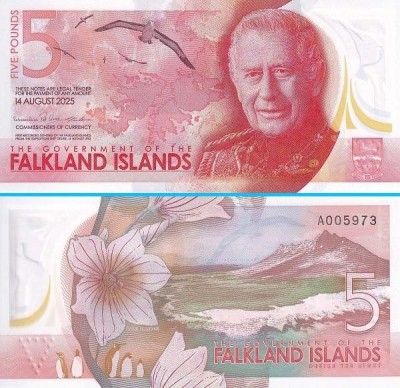 Insulele Falkland (p#NOU-20) 5 Pounds 2025 UNC &amp;#039;Charles III&amp;#039; serie: Puse &amp;icirc;n circulație pe 14 August 2025 foto