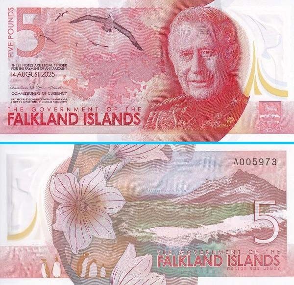 Insulele Falkland (p#NOU-20) 5 Pounds 2025 UNC &#039;Charles III&#039; serie: Puse &icirc;n circulație pe 14 August 2025