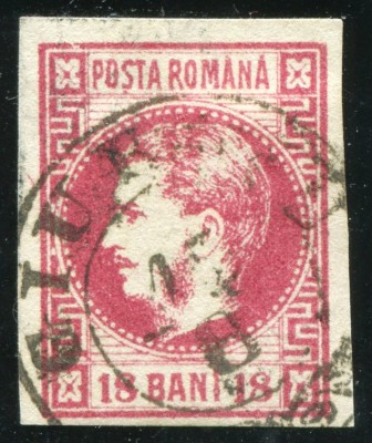 1868 , Lp 24 a , Carol I cu favoriti 18 Bani carmin - stampila agrafa GIURGIU foto
