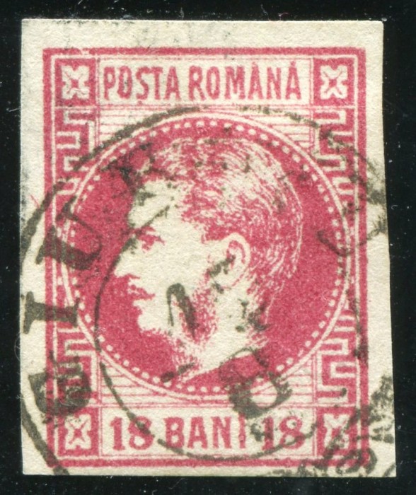 1868 , Lp 24 a , Carol I cu favoriti 18 Bani carmin - stampila agrafa GIURGIU