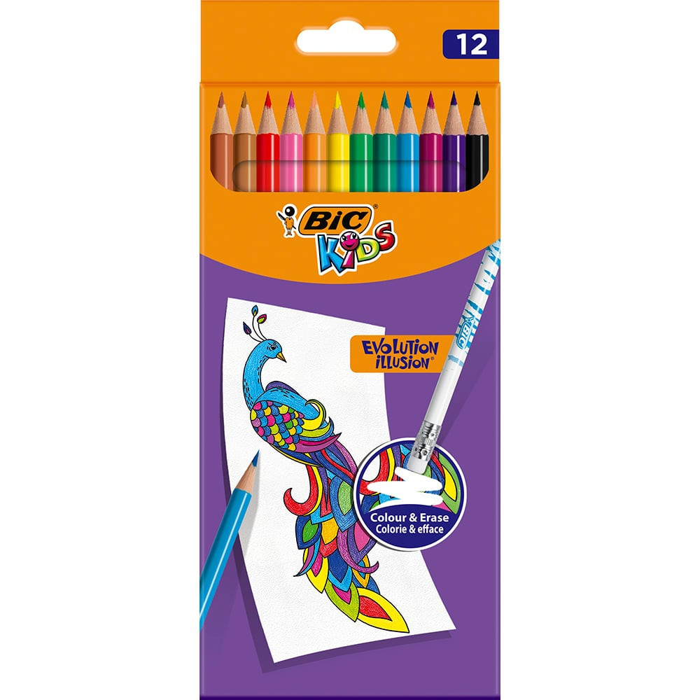 Creioane colorate cu guma de sters Evolution Illusion Bic, 12 culori |  Okazii.ro
