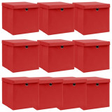 Cutii depozitare cu capace, 10 buc., roșu, 32x32x32 cm, textil