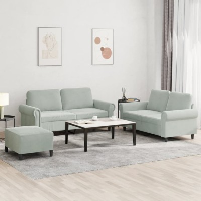 vidaXL Set de canapele cu perne, 3 piese, gri deschis, catifea 3202220 foto