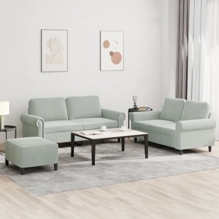 vidaXL Set de canapele cu perne, 3 piese, gri deschis, catifea 3202220