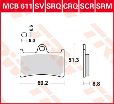 Set placute frana TRW MCB611 - Yamaha TZ 125 - TZR 250 - FZ6-S2 - FZS Fazer - YZF-R6 - MT-07 - MT10 - FZ-1 Fazer - YZF-R1