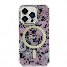 Husa Guess PC/TPU Flowers IML MagSafe pentru iPhone 14 Pro Pink