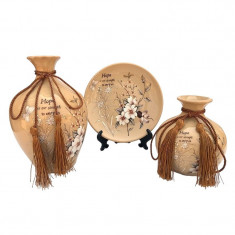 Set 2 vaze decorative si farfurie din ceramica, Flori, Crem, 446H-2