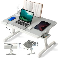 Stand laptop multifunctional tip masuta, Reglabil, Pliabil, 60cm x 40cm x 27cm ~ 40cm, Suport carte, Suport tableta, Sertar depozitare, Gri
