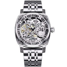 Ceas barbatesc TIO Skeleton Mecanic Automatic, Argintiu, Curea Otel inoxidabil, Casual, 42mm, Rezistent la apa