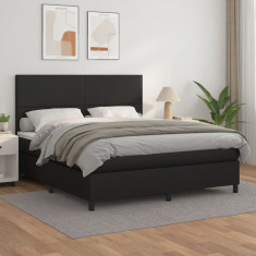 vidaXL Pat box spring cu saltea, negru, 160x200 cm, piele ecologică