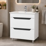 Baza si lavoar ceramic GN0561, mobilier baie stativ 70 cm, front MDF, 2 sertare, glisiere soft close, picioare cromate reglabile, alb antracit