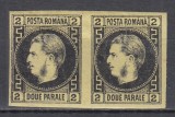 ROMANIA 1867 LP 18 a REGELE CAROL I CU FAVORITI 2 PARALE HARTIE SUBTIRE NEGRU PE HARTIE GALBENA PERECHE GUMA ORIGINALA SARNIERA
