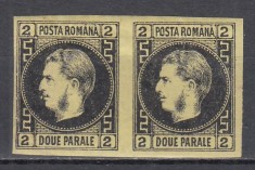 ROMANIA 1867 LP 18 a REGELE CAROL I CU FAVORITI 2 PARALE HARTIE SUBTIRE NEGRU PE HARTIE GALBENA PERECHE GUMA ORIGINALA SARNIERA