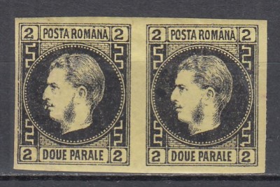 ROMANIA 1867 LP 18 a REGELE CAROL I CU FAVORITI 2 PARALE HARTIE SUBTIRE NEGRU PE HARTIE GALBENA PERECHE GUMA ORIGINALA SARNIERA foto