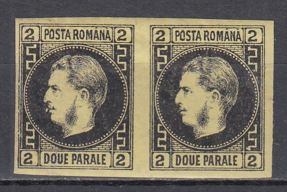 ROMANIA 1867 LP 18 a REGELE CAROL I CU FAVORITI 2 PARALE HARTIE SUBTIRE NEGRU PE HARTIE GALBENA PERECHE GUMA ORIGINALA SARNIERA