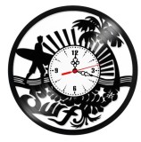 Ceas de perete decorativ, Surfing / Tropical Island, realizat din disc de vinil (Vinyl Record), 30 cm, mecanism silențios, negru