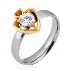 Inel din oțel, cerc argintiu și două inimi aurii cu zirconiu - Marime inel: 52