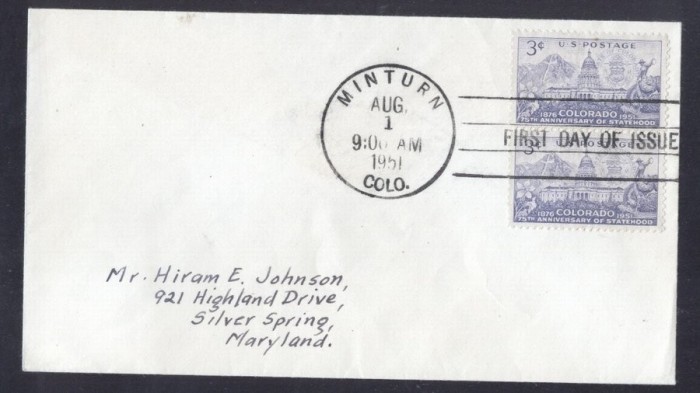 United States 1951 Colorado statehood x 2 FDC K.510