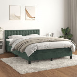 VidaXL Pat box spring cu saltea, verde &icirc;nchis, 140x190 cm, catifea