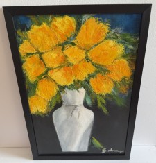 PICTURA, TABLOU superb, nou, modern, FLORI GALBENE , pictor roman consacrat
