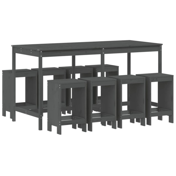 Set bar de gradina, 9 piese, gri, lemn masiv de pin
