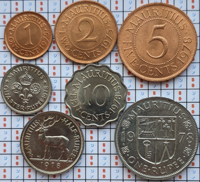set 7 monede Mauritius 1, 2, 5, 10 cents 1/4, 1/2 1 rupee 1975 - 1978 UNC - A024 foto