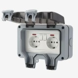 Priza dubla exterior, Model Standard European, 250V/16A,IP66, rezistenta la apa si praf, gri cu intrerupatoare