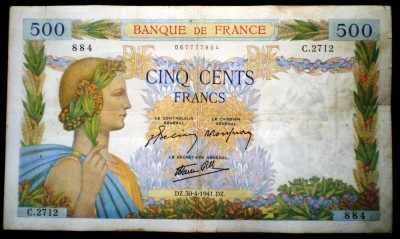 310 FRANTA WWII 500 FRANCS FRANCI 30.4.1941 SR. 884 foto