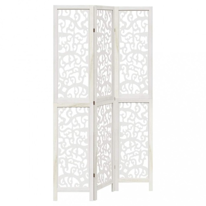 Paravan camera 3 panouri, alb, lemn masiv paulownia