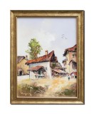 Cumpara ieftin Tablou peisaj cu case impresionist pictat manual inramat, 45x35cm ulei pe panza, rama din lemn, Geo Ungureanu