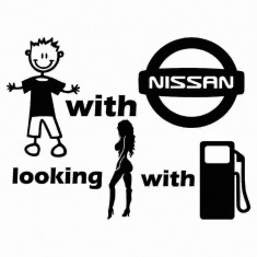 Sticker Auto Baiat cu masina cauta fata cu benzina - Nissan