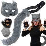 Costum Halloween, set cu masca, manusi, coada de pisica/vulpe/lup, gri