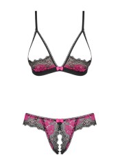 Set Lenjerie Sexy Din Dantela Cu Decupaje Tulia, Negru + Roz, S/M