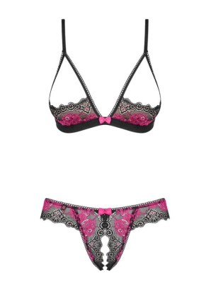 Set Lenjerie Sexy Din Dantela Cu Decupaje Tulia, Negru + Roz, S/M foto