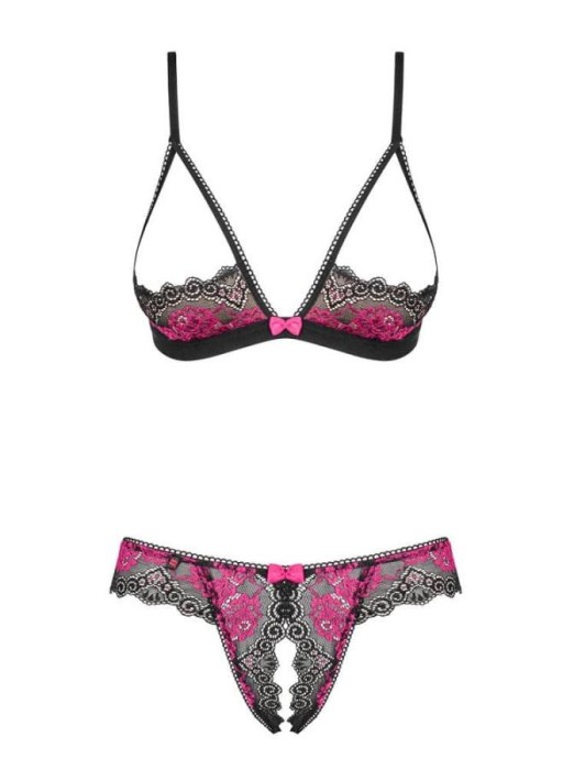 Set Lenjerie Sexy Din Dantela Cu Decupaje Tulia, Negru + Roz, S/M