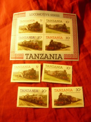 Bloc si serie 4 val. Tanzania 1985 - Locomotive foto