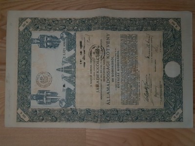 UNGARIA DATORIA PUBLICA 100 KORONA COROANE JARADEKKOLCSON 1919 F STAMPILA MF foto