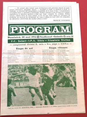 Program meci fotbal FC &amp;quot;SOIMII&amp;quot; IPA SIBIU - ALUMINIU SLATINA (20.05.1984) foto