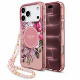 Husa MagSafe pentru Apple iPhone 18 Pro Max / 17 Pro Max, Guess, IML Flowers with Pearl Strap, Roz