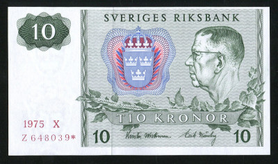 p124 SUEDIA 10 KRONOR COROANE 1975 seria Z * REPLACEMENT NECIRCULATA UNC foto