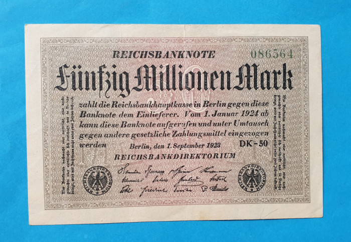 GERMANIA 50000000 Mark 1924 - CINZECI MILIOANE Bancnota veche originala -Superba