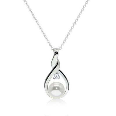Colier din argint 925 - contur de lacrimă răsucită cu o perlă albă și un zirconiu transparent &amp;icirc;n centru foto