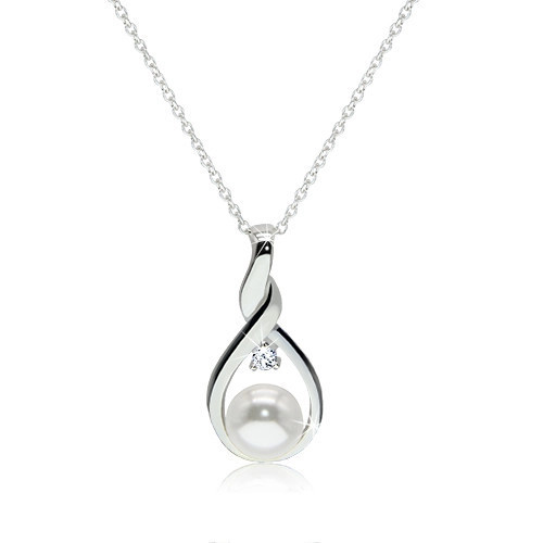 Colier din argint 925 - contur de lacrimă răsucită cu o perlă albă și un zirconiu transparent &icirc;n centru