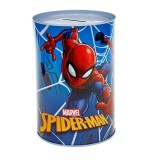 Pusculita Spider pentru copii, forma cilindrica si imprimeu cu SpiderMan, Metal, Albastru, 11x16 cm