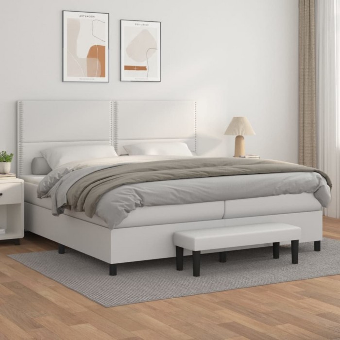 vidaXL Pat box spring cu saltea, alb, 200x200 cm, piele ecologică 3137624