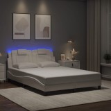 VidaXL Cadru de pat cu lumini LED, alb, 140x190 cm, piele ecologică